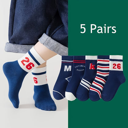 5 pairs of boys' graphic fashion, sports, and warm socks for autumn/winter