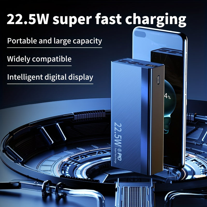 Large capacity power bank with fast charging capabilities, multiple input/output interfaces, intelligent battery display, and compatibility with various mobile devices. Ideal for outdoor