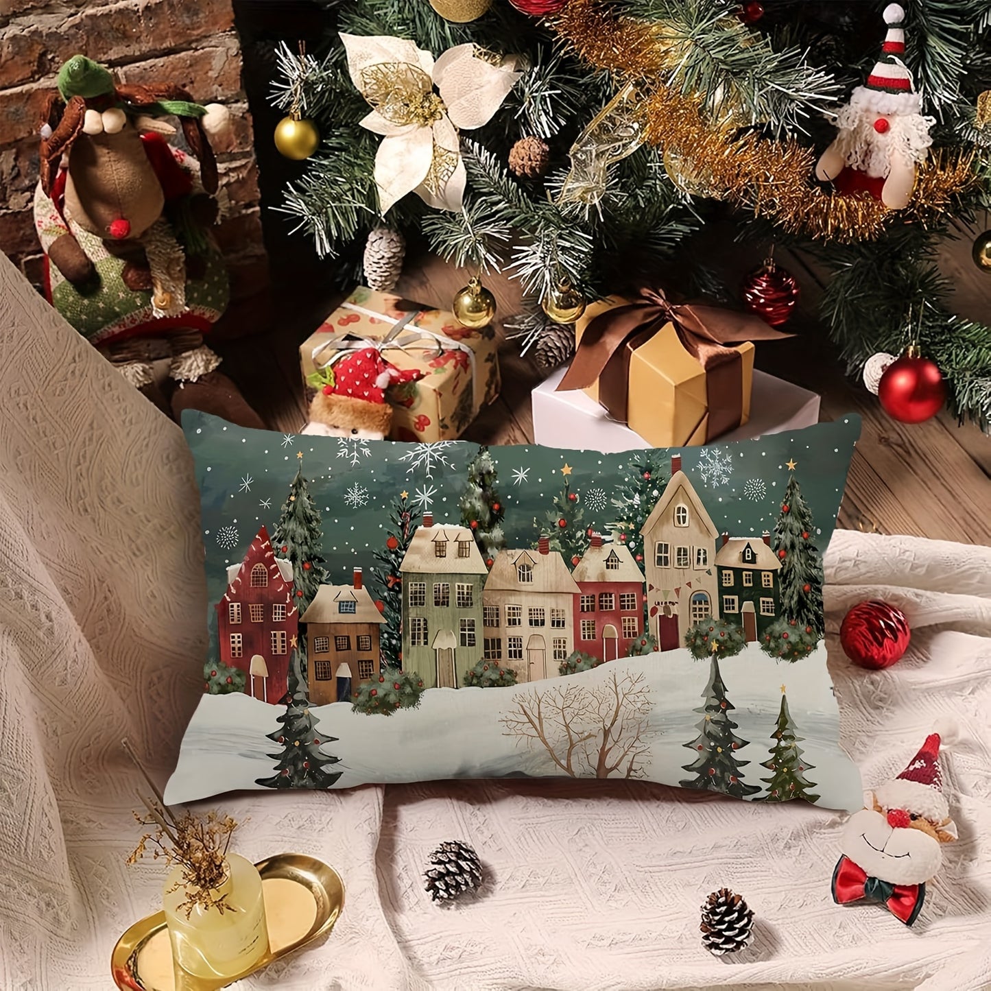 Winter Wonderland decorative throw pillow cover, 12x20 inches, linen woven with zipper closure. Machine washable and versatile room decor for Christmas. 1pc, pillow core not included.