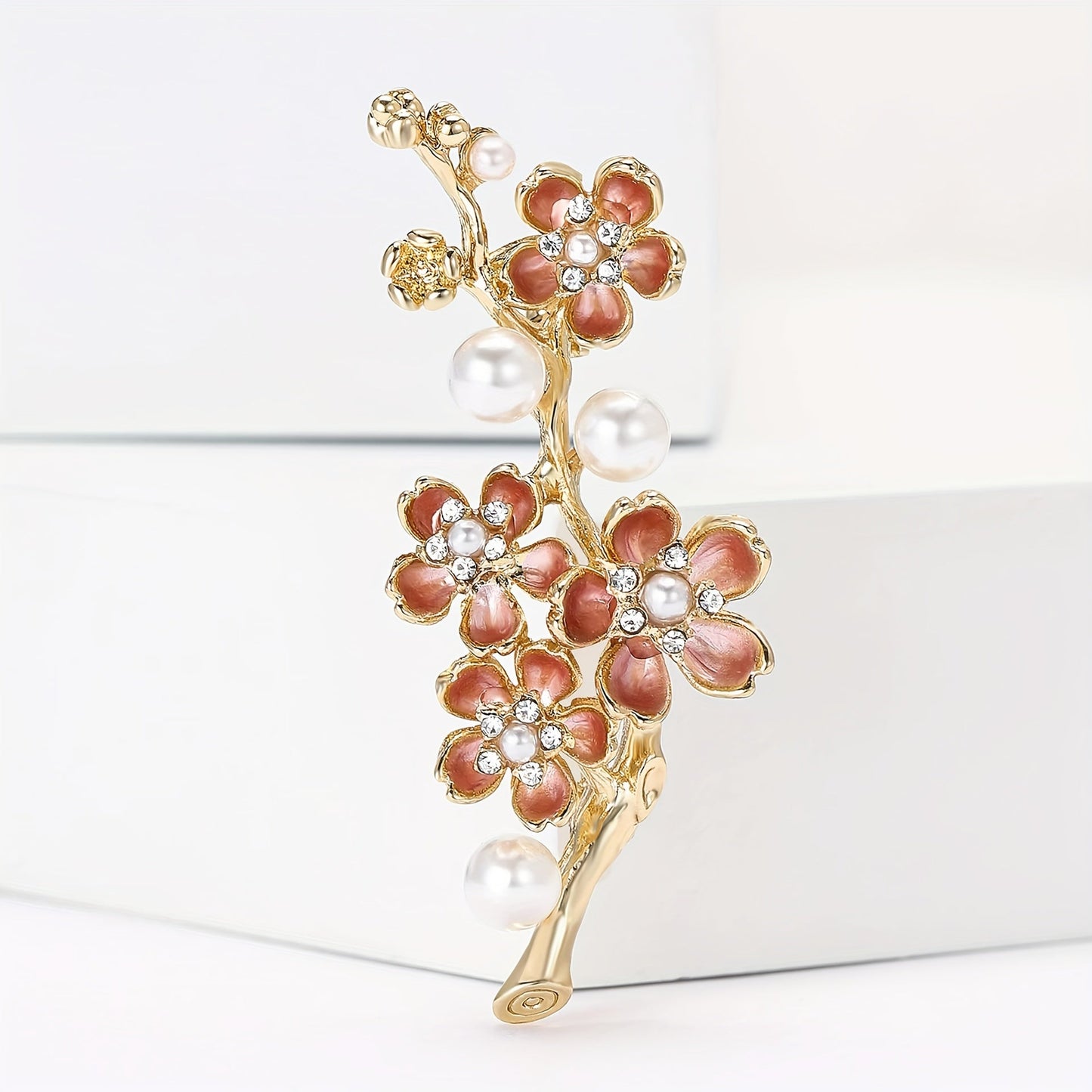 Stylish Floral Branch Brooch adorned with Pearls and Enamel, Trendy Alloy Flower Pin for Women's Fashion Accessory