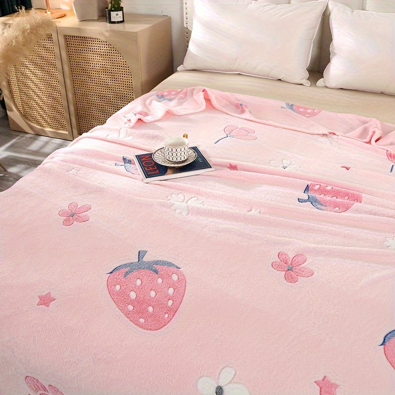 Soft and cozy pink flannel blanket with adorable strawberry print. Can be used as an air conditioning blanket, bed sheet, nap blanket, or shawl. Perfect for home, office, camping, and travel. This versatile and skin-friendly blanket makes a great holiday