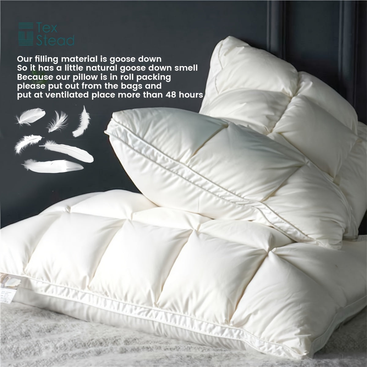 Luxury goose down feather pillow with pinch pleat design for neck protection in bedroom or hotel.