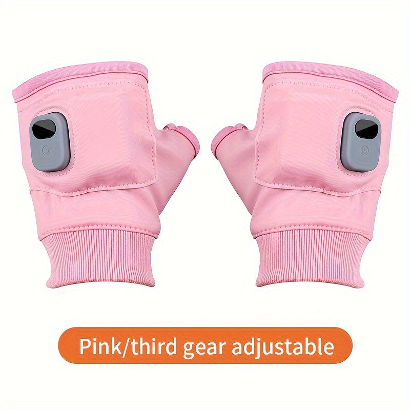 Unisex Touchscreen Heated Gloves, Solid Color Casual Style with Striped Pattern, Stretch Fabric, USB Rechargeable Fingerless Hand Warmers for Outdoor Use. These gloves are not washable.