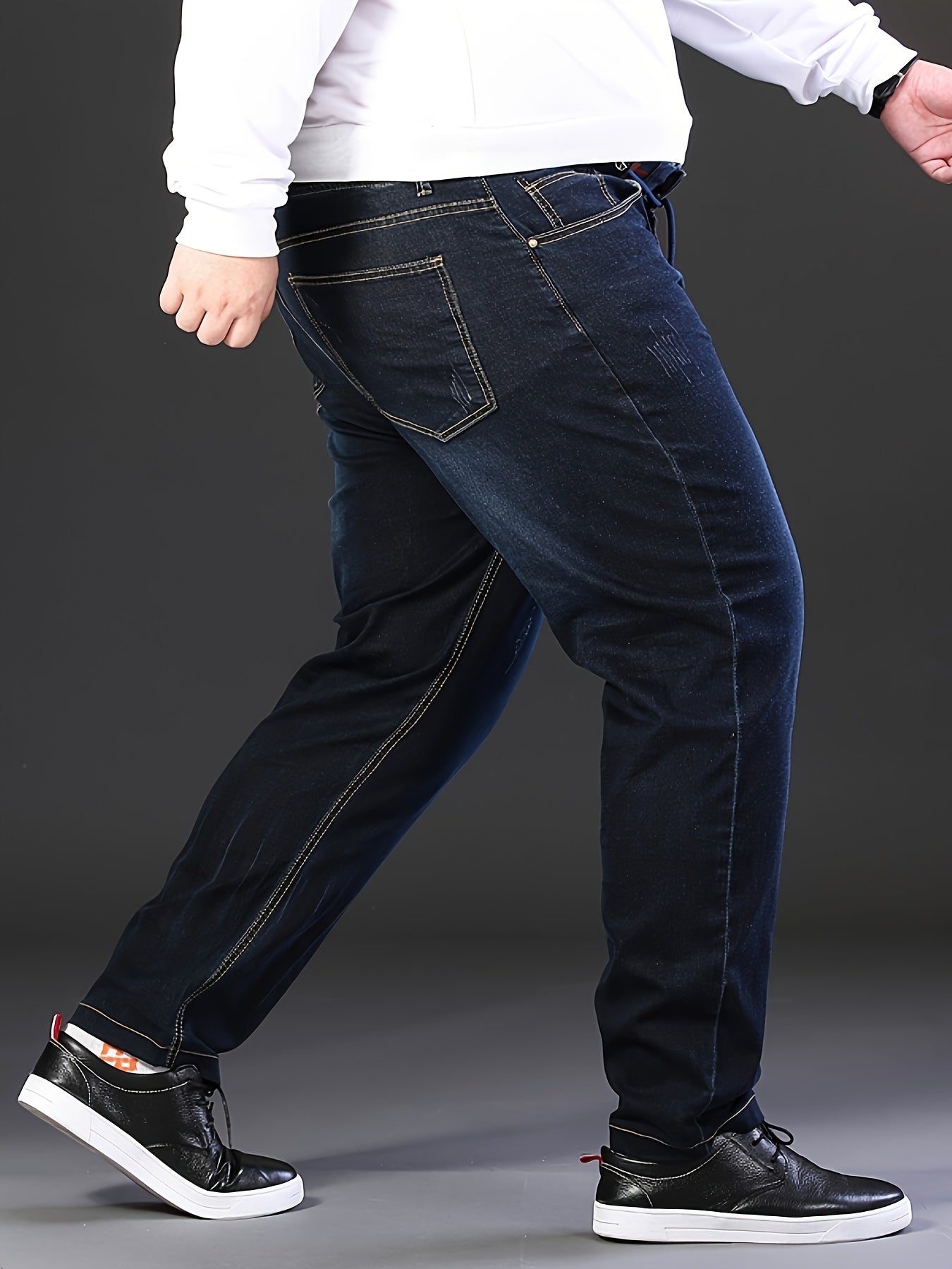 Stretchy ribbed elastic waist jeans for men, perfect for business casual wear. Plus size available.