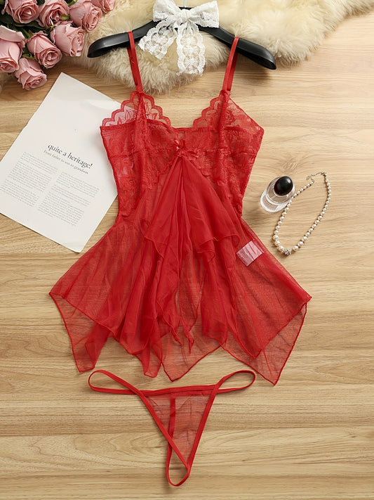 Sexy sheer mesh lingerie set for women in solid color, includes knit polyester slip and transparent tulle nightdress. Seductive sleepwear for adults - 7031.