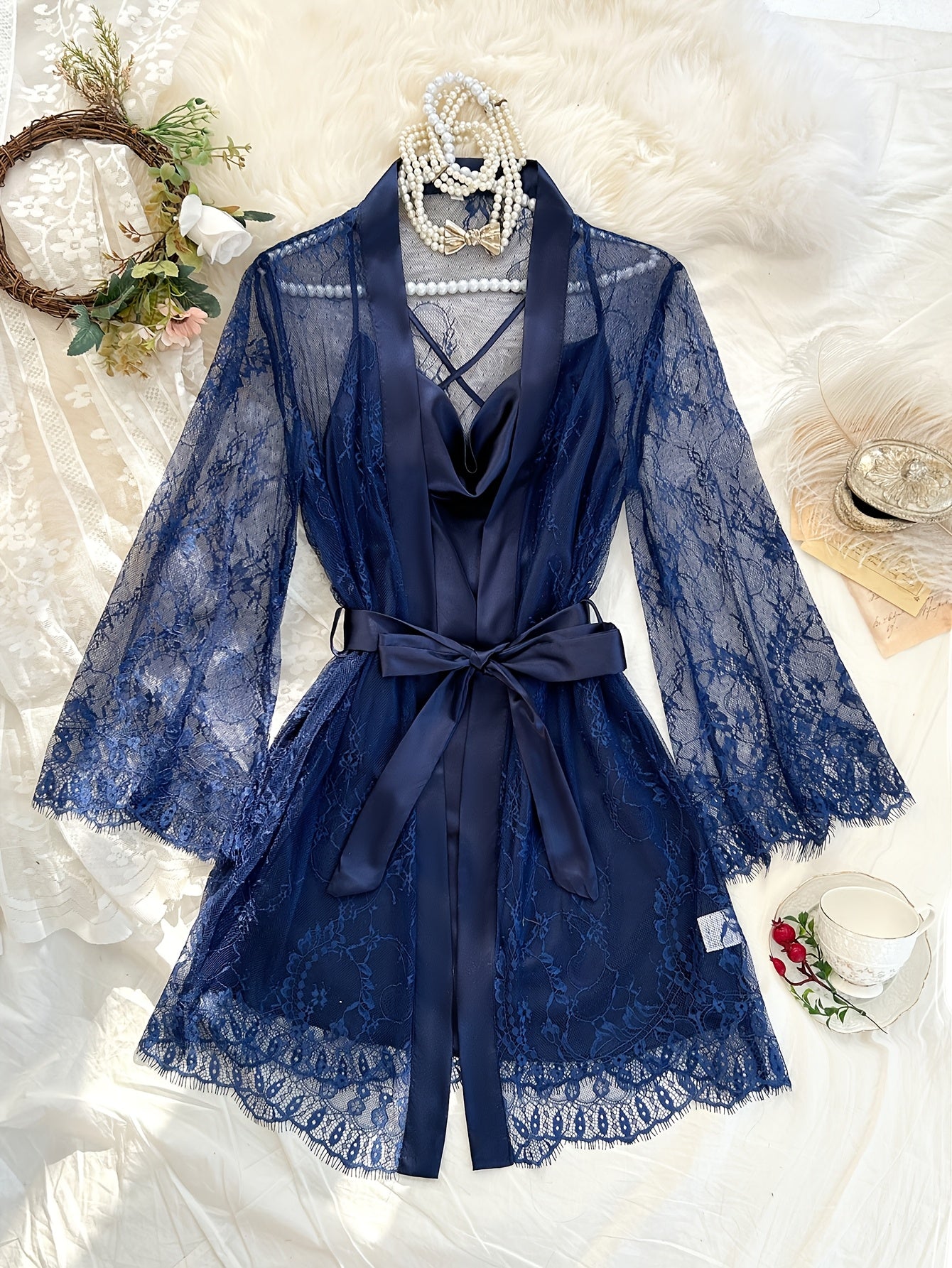 Stylish Two-Piece Lace Pajama Set for Women, All Seasons, Includes Suspender