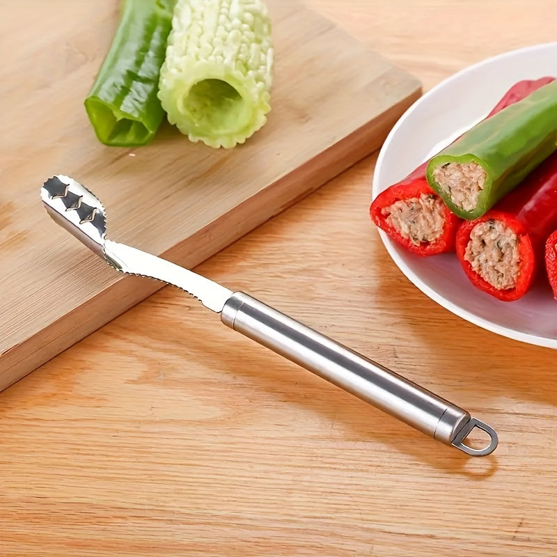 Stainless Steel Pepper Corer Seed Remover Set: Two-Pack, Easy-to-Use Bell Pepper Cutter, Essential Kitchen Tool for Chili, Jalapeno, and Green Pepper