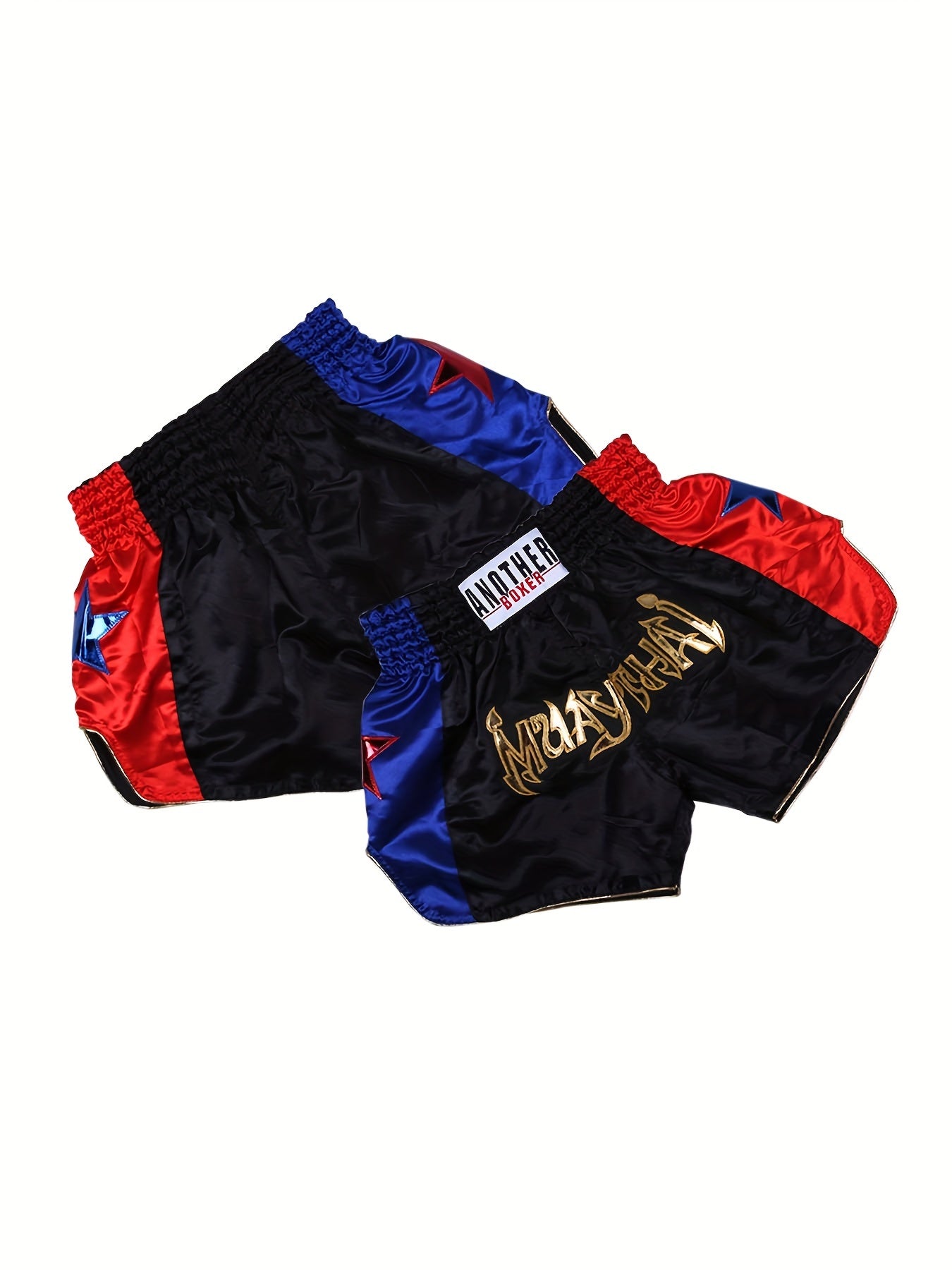 AUTHENTIC VANDALS" Boxing Training Shorts - Lightweight non-stretch polyester with padded support for combat sports in black/blue/red.