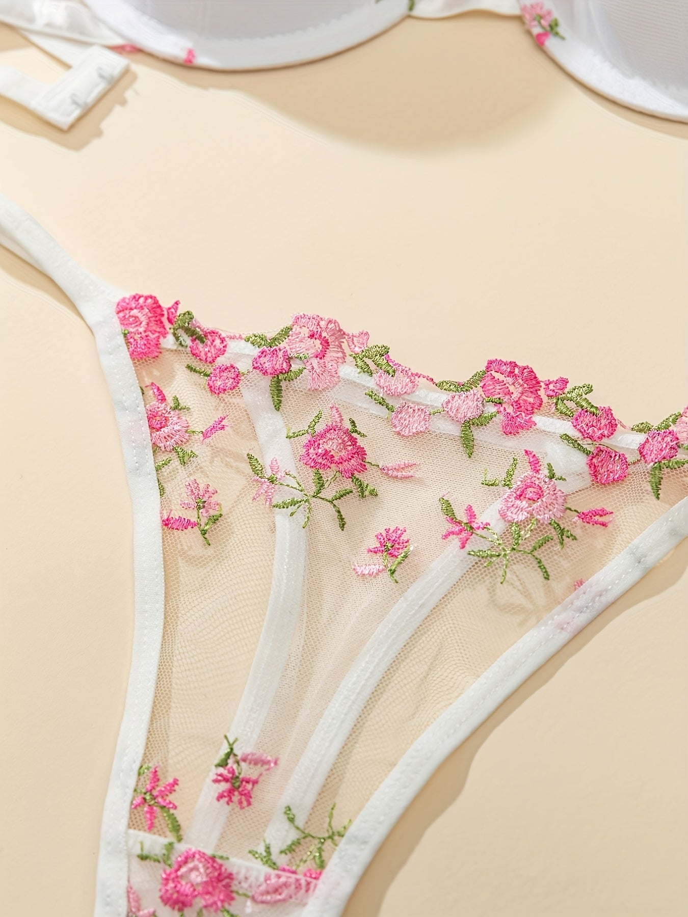 Floral embroidered lingerie set for women - underwire bra & mesh thong, breathable polyester blend, non-removable pads.