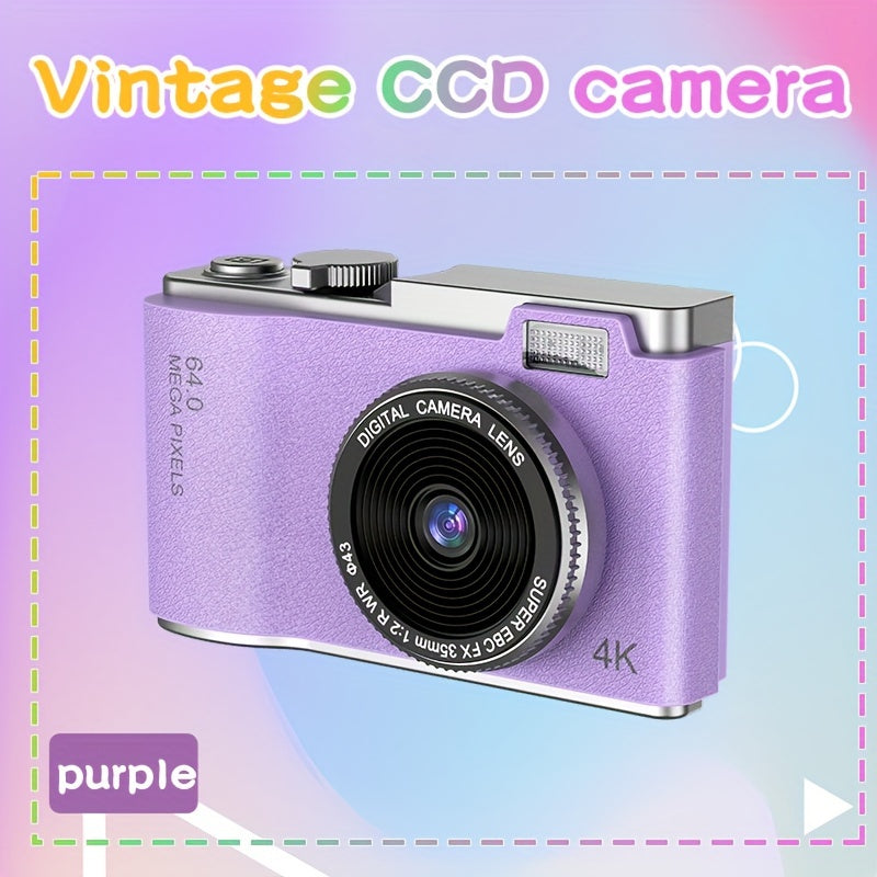 Retro-style 4K HD CCD digital camera with dual lens, USB-C charging and image transfer, perfect for students and photography enthusiasts.