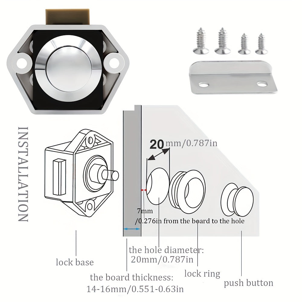 5 RV push button cabinet latches for RVs, yachts, motorhomes, campers, caravans, travel trailers, and boats.