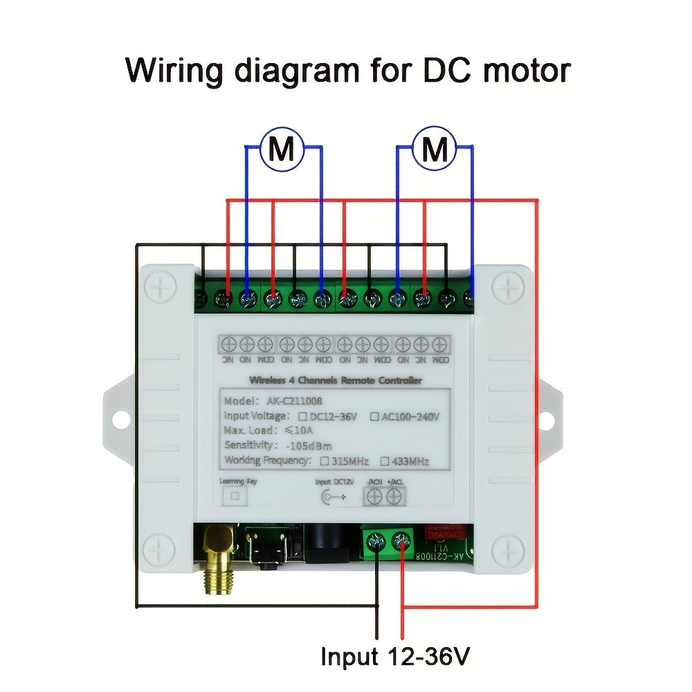 1pc 433MHz Wireless Relay RF Remote Control Switch Receiver, 4 Channel, Wall Mount, Shock-Resistant, for Computers, Non-Waterproof, Hardwired, ≤36V, DC 12V 24V 36V 10A, Orange Transmitter