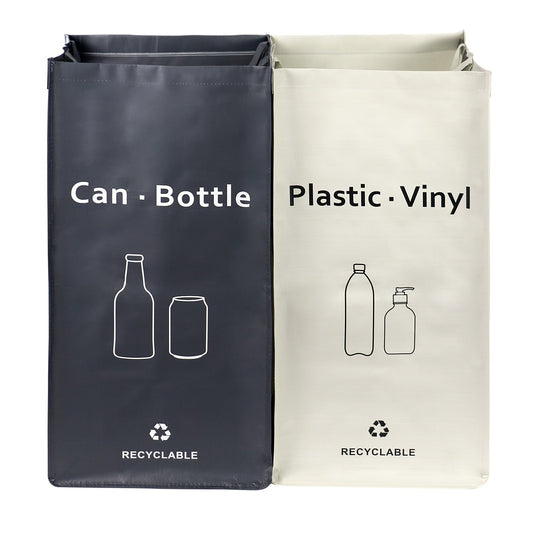 BOMEI PACK presents a set of 2 White and Gray Recycling Bags with Handles, perfect for sorting trash in your kitchen, home, or office. Each bag has a capacity of 105.99 liters and is made of heavy-duty waterproof woven material. These reusable bags are