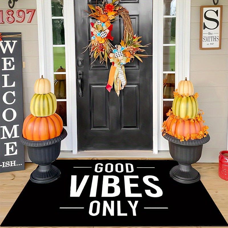 Welcome only positive energy with this Good Vibes Only doormat! This non-slip, machine washable polyester mat is perfect for both indoor and outdoor use in your bedroom, hallway, patio, or any room in your house. It also makes a great housewarming gift