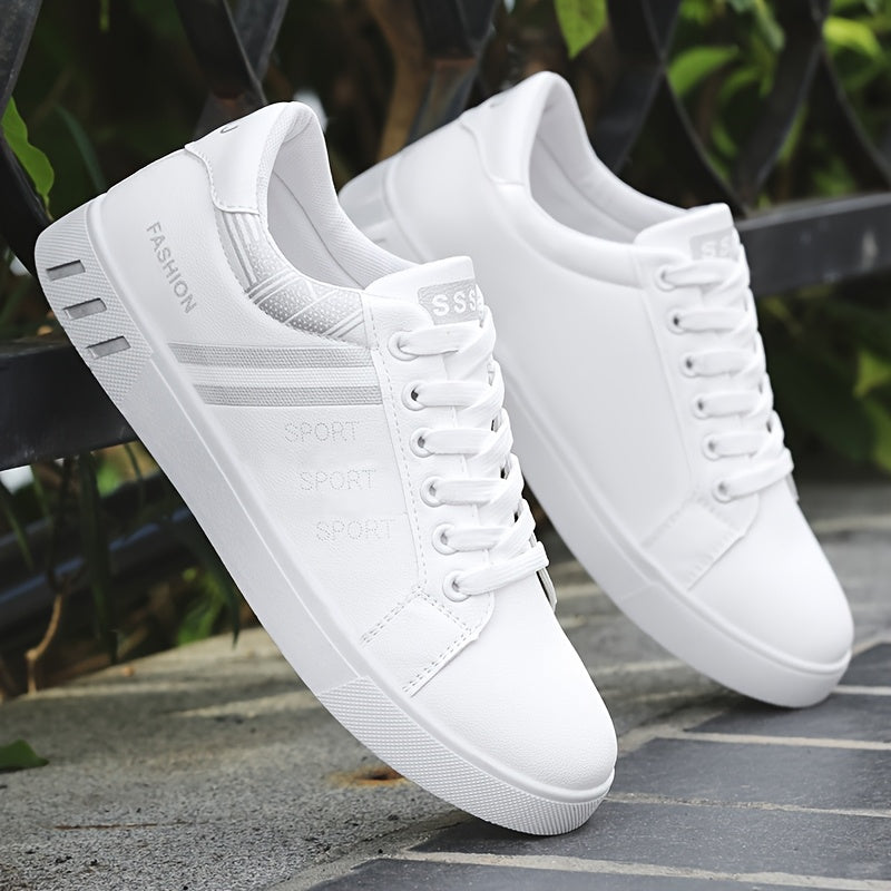 Men's casual sports style sneakers with solid & striped patterns, low top lace-up design, durable PU upper, fabric inner, PVC sole, and cloth insole for daily wear.