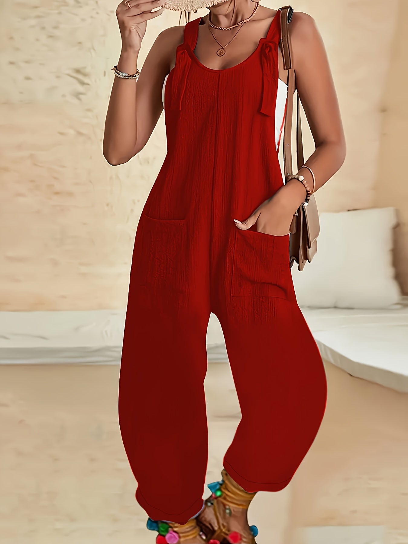 Textured Knot Detail Jumpsuit with Pockets, Women's lounge sleepwear