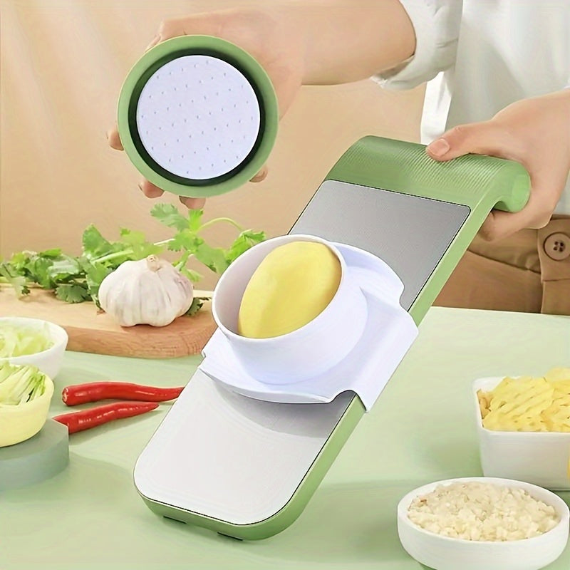 A set of 7 stainless steel tools that can slice and grate vegetables, with interchangeable blades. This manual kitchen gadget is perfect for preparing potatoes, carrots, and cucumbers.