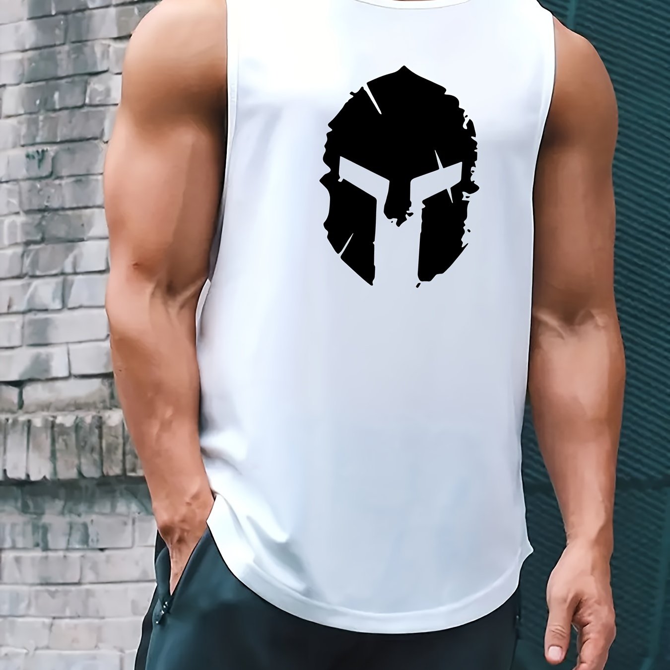 Casual Men's Tank Top with Helmet Print, Ideal for Summer Outdoor Gym Workouts