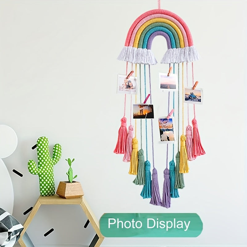 Handcrafted Lace Wall Hanging in Bohemian Rainbow Design with Bow and Tassel - Pink and Red. Ideal for Decorating Home, Classroom, Dorm, or Shower Party.