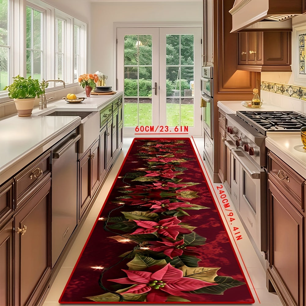 Festive Christmas Poinsettia Pattern Long Runner Rug in 1 Piece, Made of Polyester with Non-Slip Stain Resistant Features, Machine Washable Carpet, Soft and Comfortable Floor Mat with Anti-Slip Backing for Home Party Decor or Holiday Gift option.