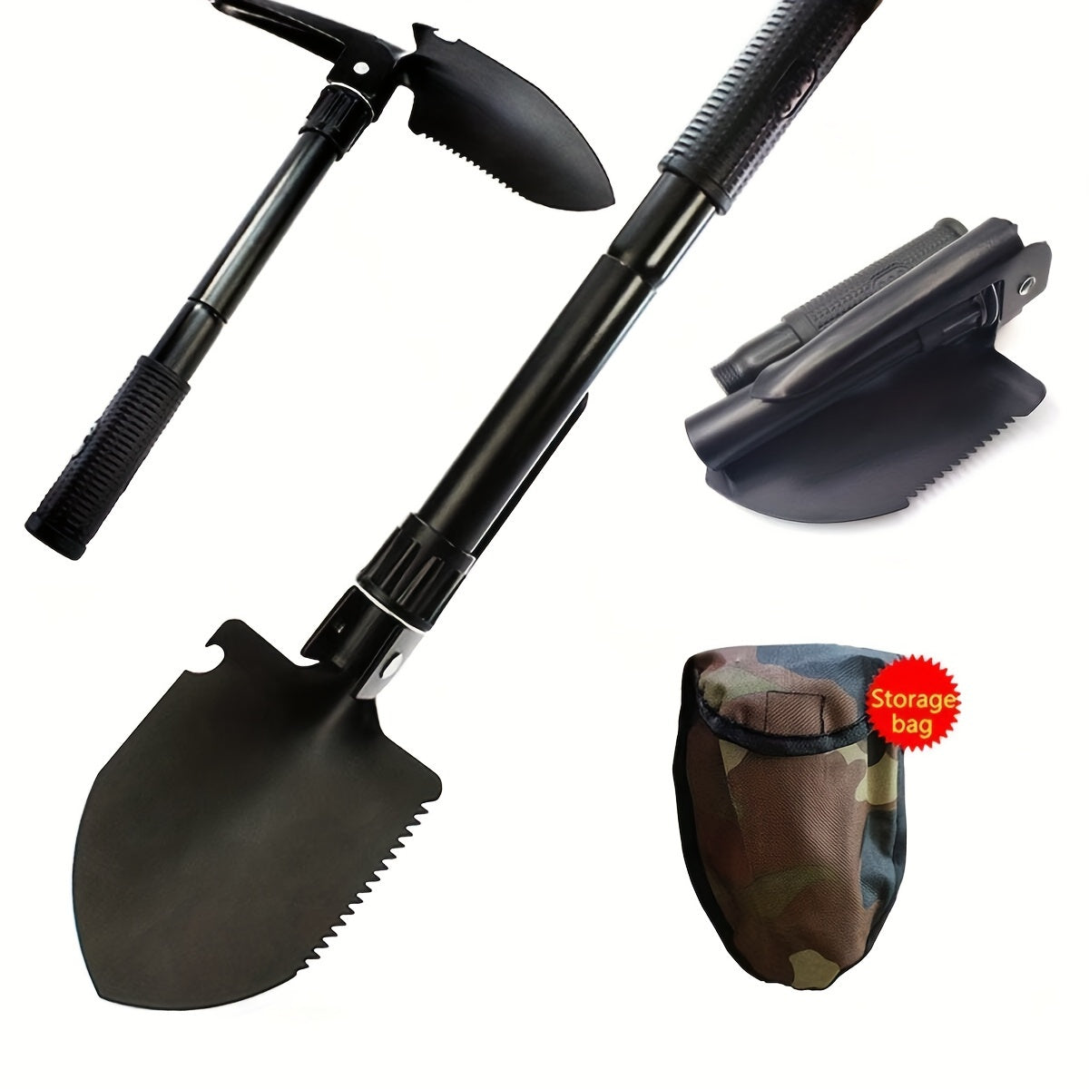 Stainless steel folding shovel with saw, pickaxe, bottle opener, and storage bag for camping and outdoor survival.