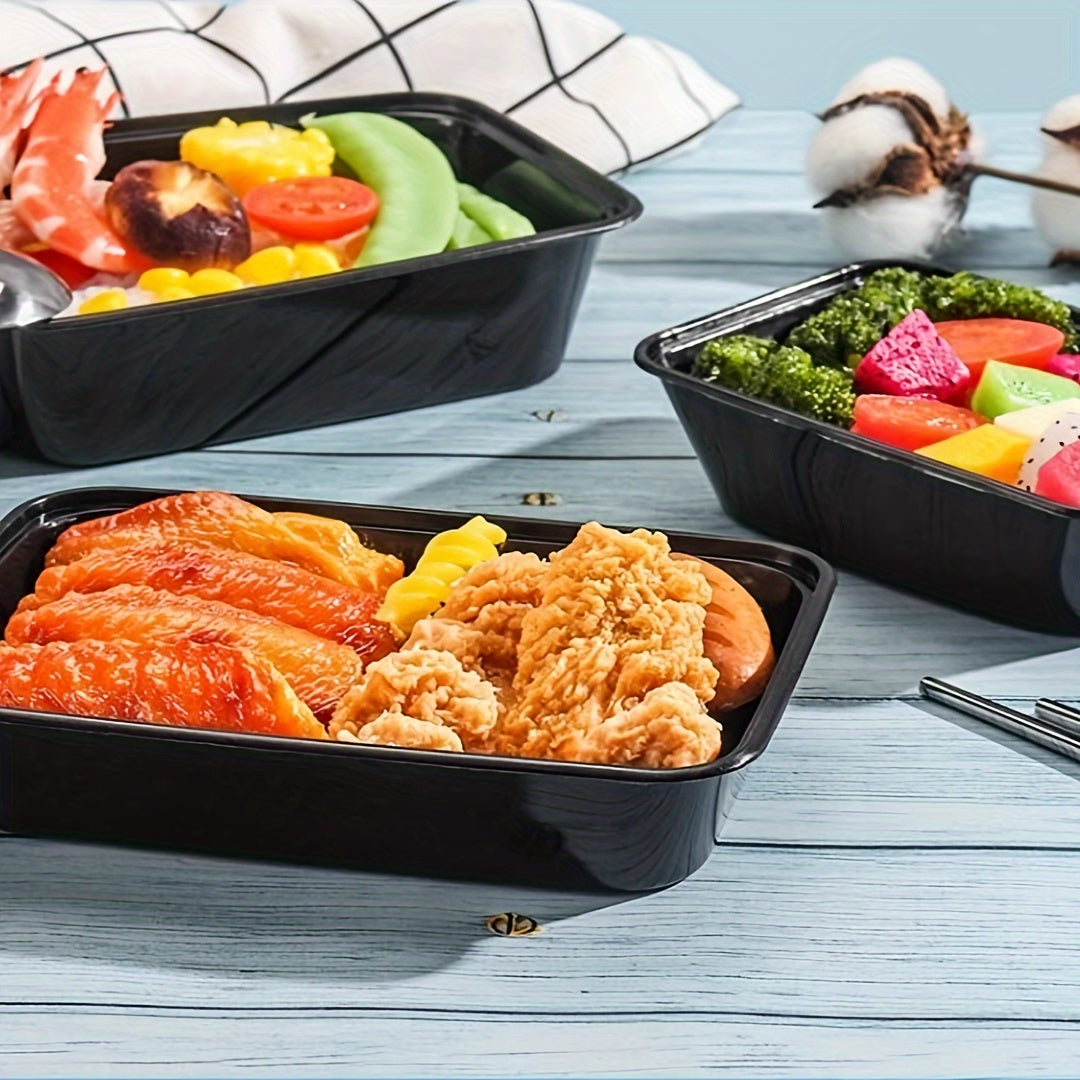 Set of 10/30 meal prep containers that are microwave-safe and perfect for storing takeout food. These leak-resistant containers can be stacked for easy storage and are safe to use in the dishwasher and freezer. They are portable bento boxes that are