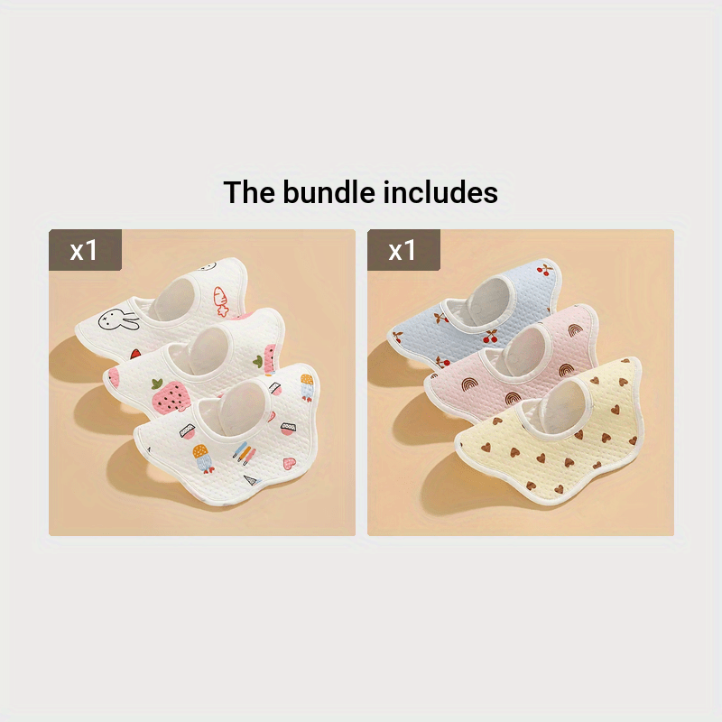 Three pieces of cotton bibs with a waterproof knitted petal design, featuring double hidden buttons for secure closure. These bibs are soft, absorbent, and perfect for keeping your little one clean during mealtime.