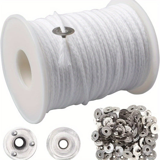 60.96 meter roll of braided cotton wicks, with core spool and 100 metal sustainer tabs for DIY candle crafting.