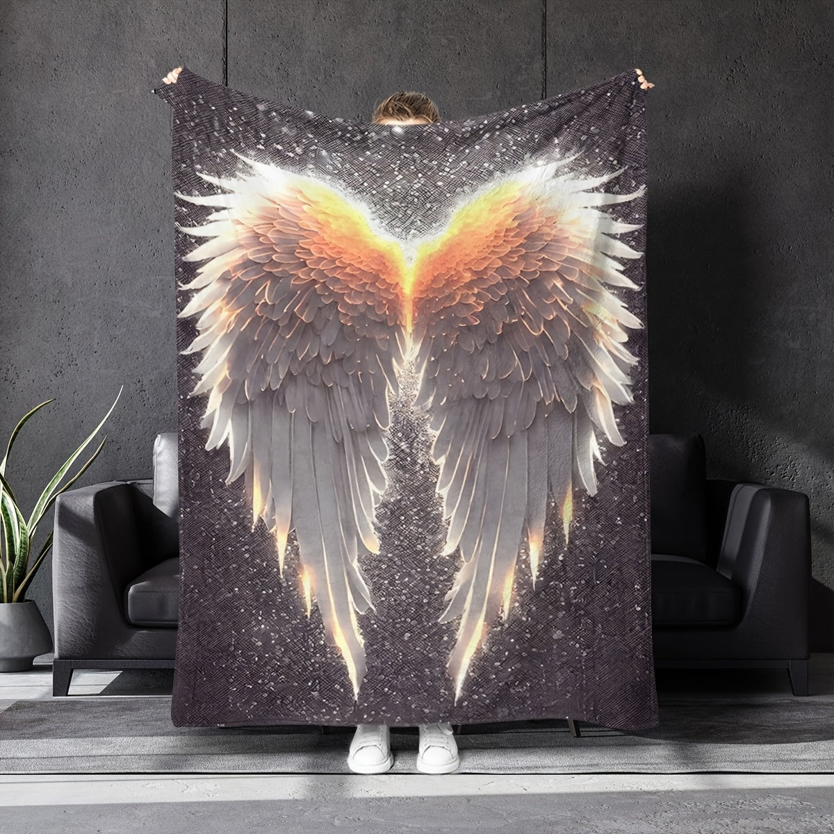 Contemporary Glowing Wings Print Flannel Blanket - Soft and Cozy Polyester Knit Throw for All Seasons, Perfect for Sofa, Travel, Bedroom, and Car - Lightweight and Vibrant Digital Print Bedding Option, 200-250gsm