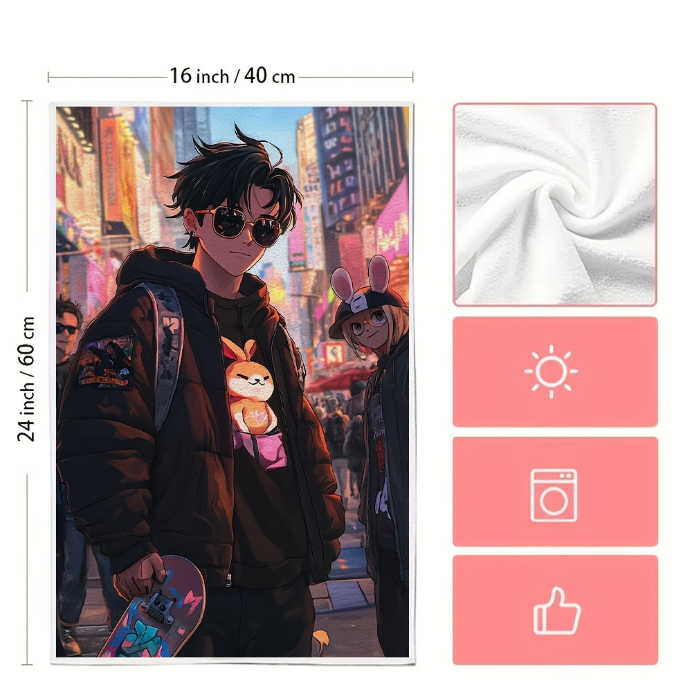 Set of 2 Ultra Soft Kitchen Towels featuring a stylish Anime Boy skateboarding through the city with his friends. Highly absorbent and perfect for holiday decor, these machine washable hand towels are 16x24 inches in size. Code: 2KYSYS1215016