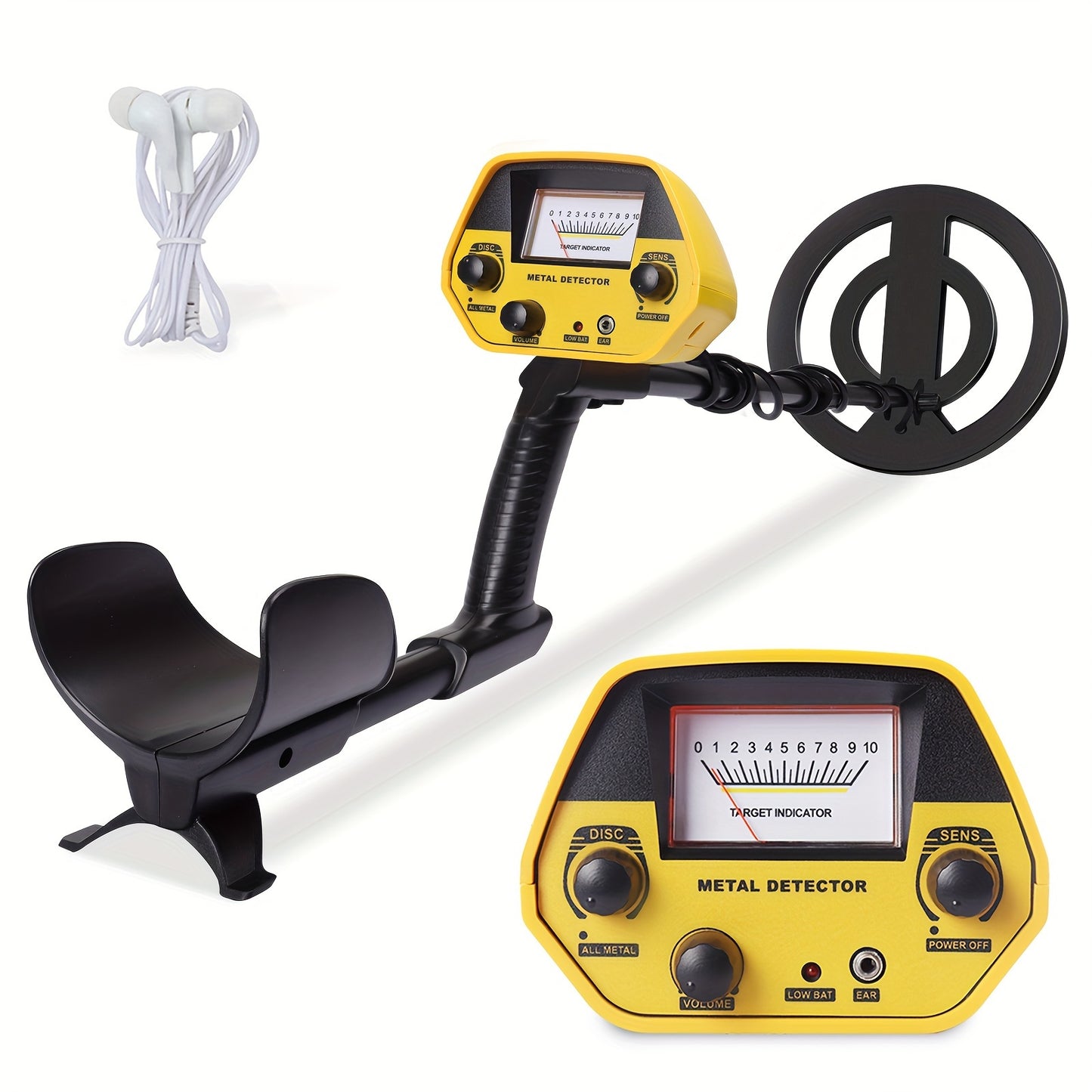 Compact metal detector with high sensitivity and a 20.32cm coil, adjustable power and target identification. Ideal for beach treasure hunting, requires batteries (not included).