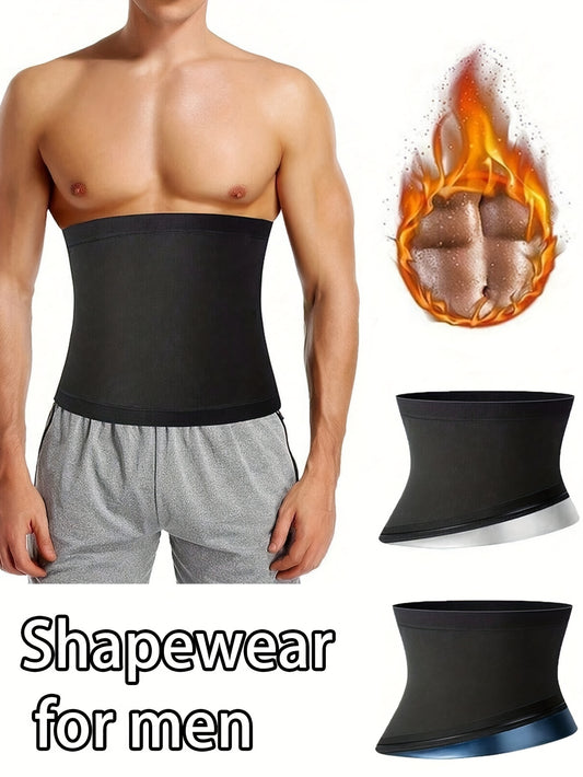 Men's sweat-enhancing waist trainer belt made of high-elasticity polyester/spandex blend. Adjustable and machine washable, suitable for all seasons. Features solid black color and sleek fit