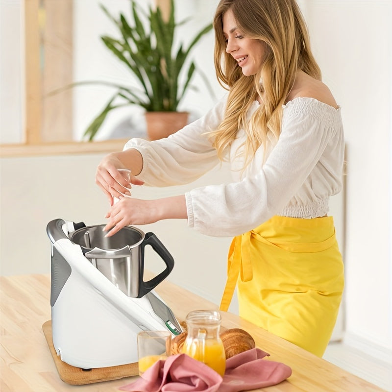 Bamboo wood food processor mobile pad for the kitchen, featuring a smooth sliding wooden base for easy and fast movement of your food processor. This rolling plate accessory is perfect for food processing machines.