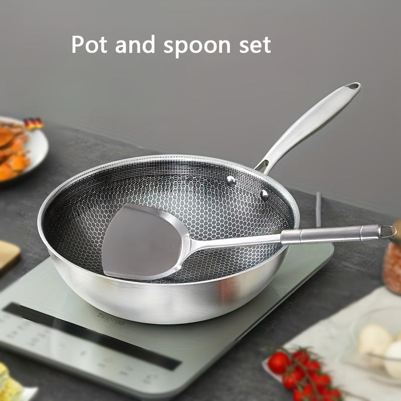 The Stainless Steel Chef's Pan features a non-stick honeycomb surface, making it scratch-resistant and heat-resistant. Its ergonomic one-handed design is perfect for stir-frying. This versatile cookware is ideal for both home and outdoor use.