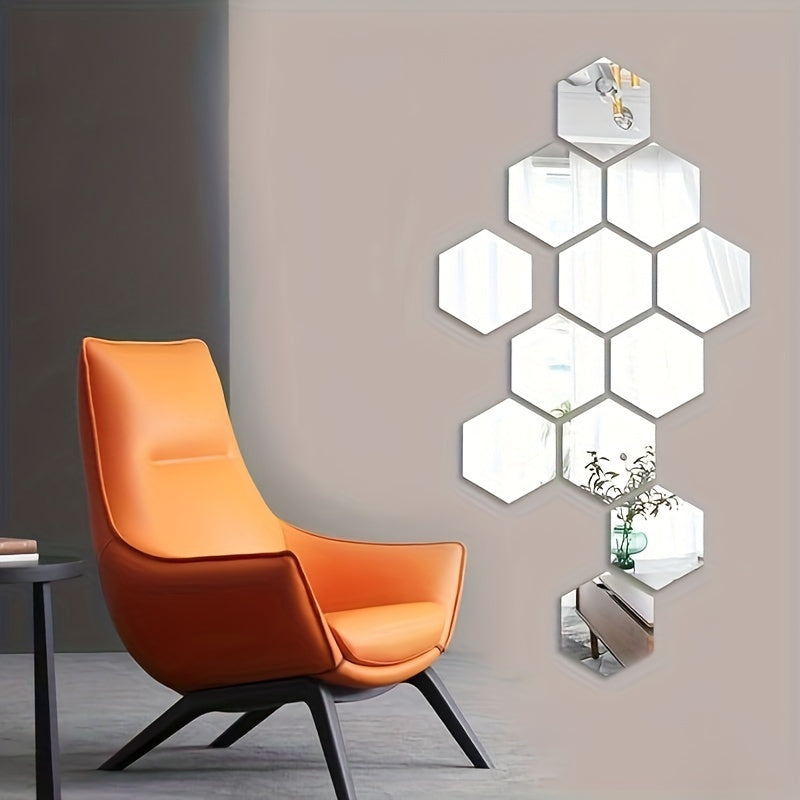 12 hexagonal mirror wall stickers - magnetic, self-adhesive acrylic tiles for decorating living room, bedroom, and TV background.