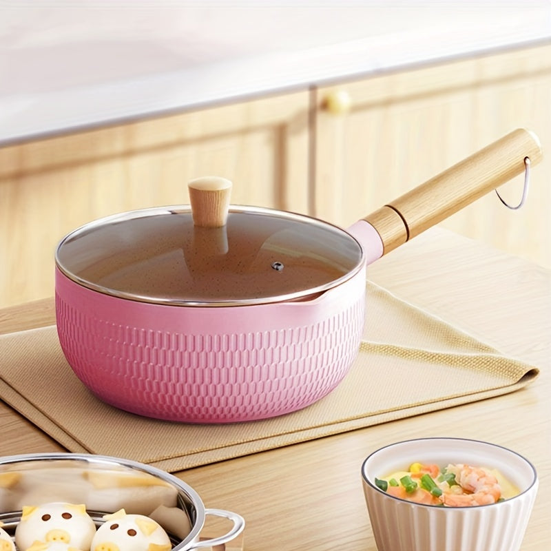 Best-Selling 1pc Pink Non-Stick Aluminum Pan, Japanese-Inspired Snow Flat Bottom Soup Pot, Induction Cooker Compatible, Perfect for Cooking Noodles and Heating Milk - Compact and Colorful Food Auxiliary Pot