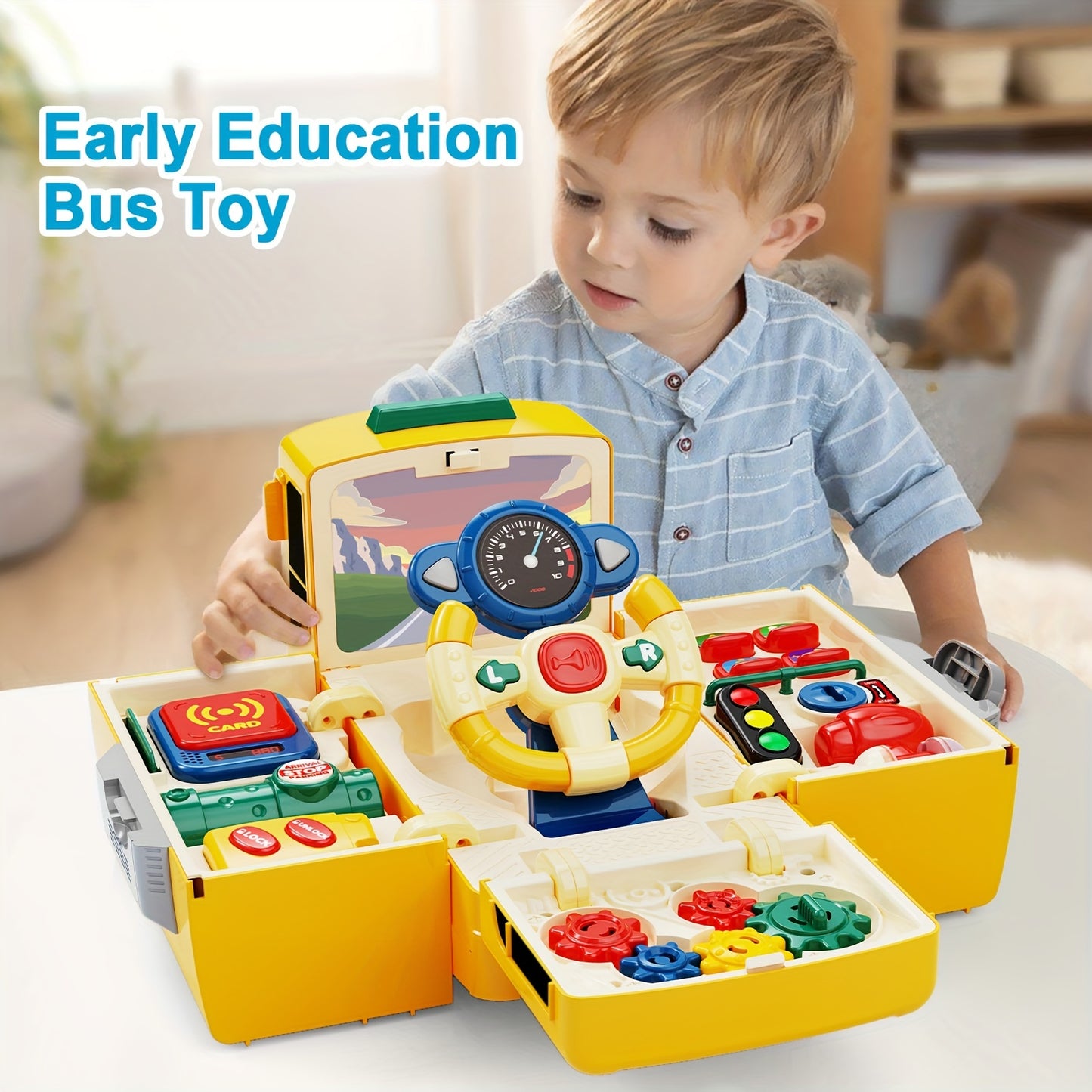 Toy school bus with sound, light, steering wheel, music education, simulation driving, for boys and girls.