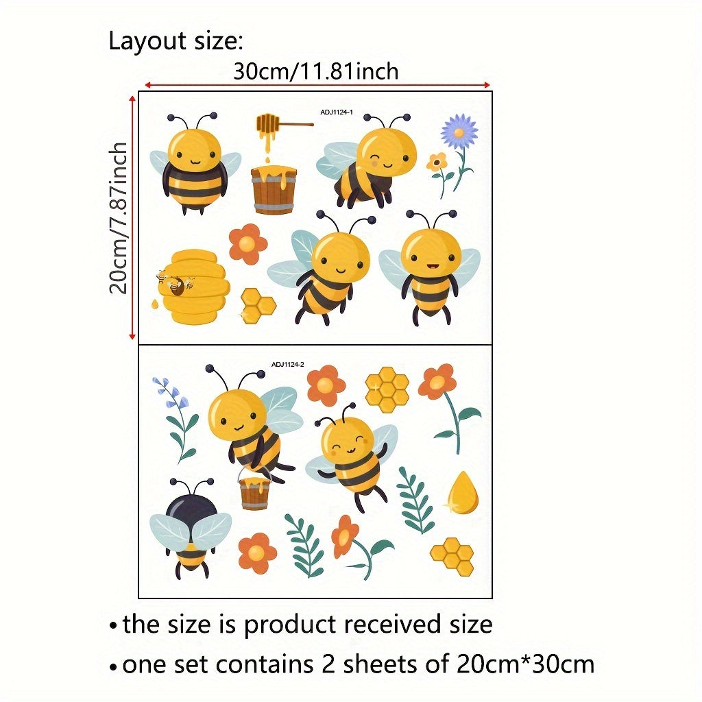 Набор из 2 симпатичных мультяшных наклеек с пчелами и цветами для стеклянных окон - Размер: 29,97 см X 20,07 см, легко наклеиваются, можно использовать многократно, современный дизайн