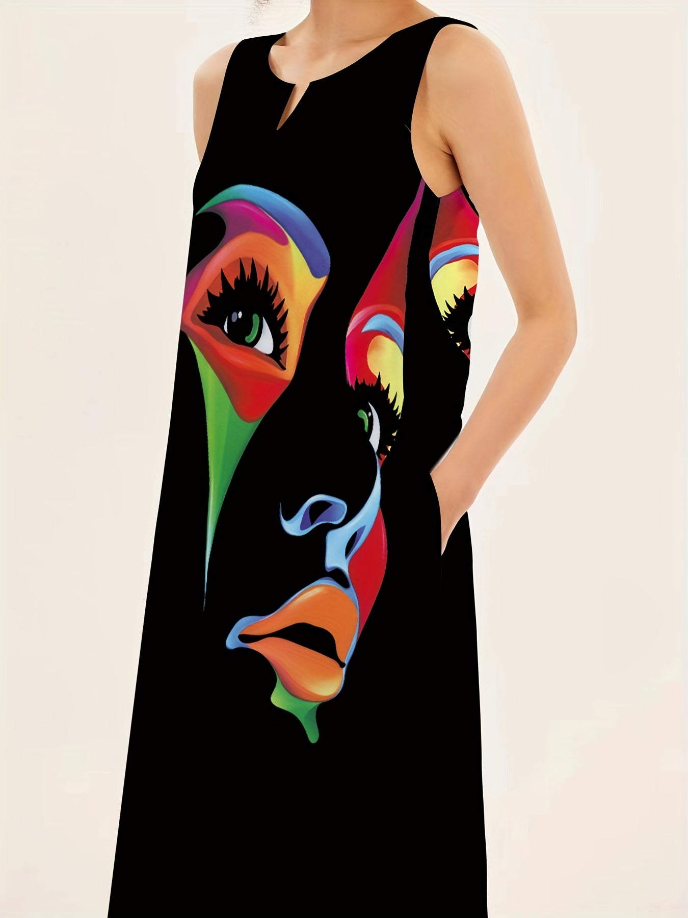 Abstract face print maxi dress with notched neck, sleeveless design perfect for summer and spring wear in women's clothing.