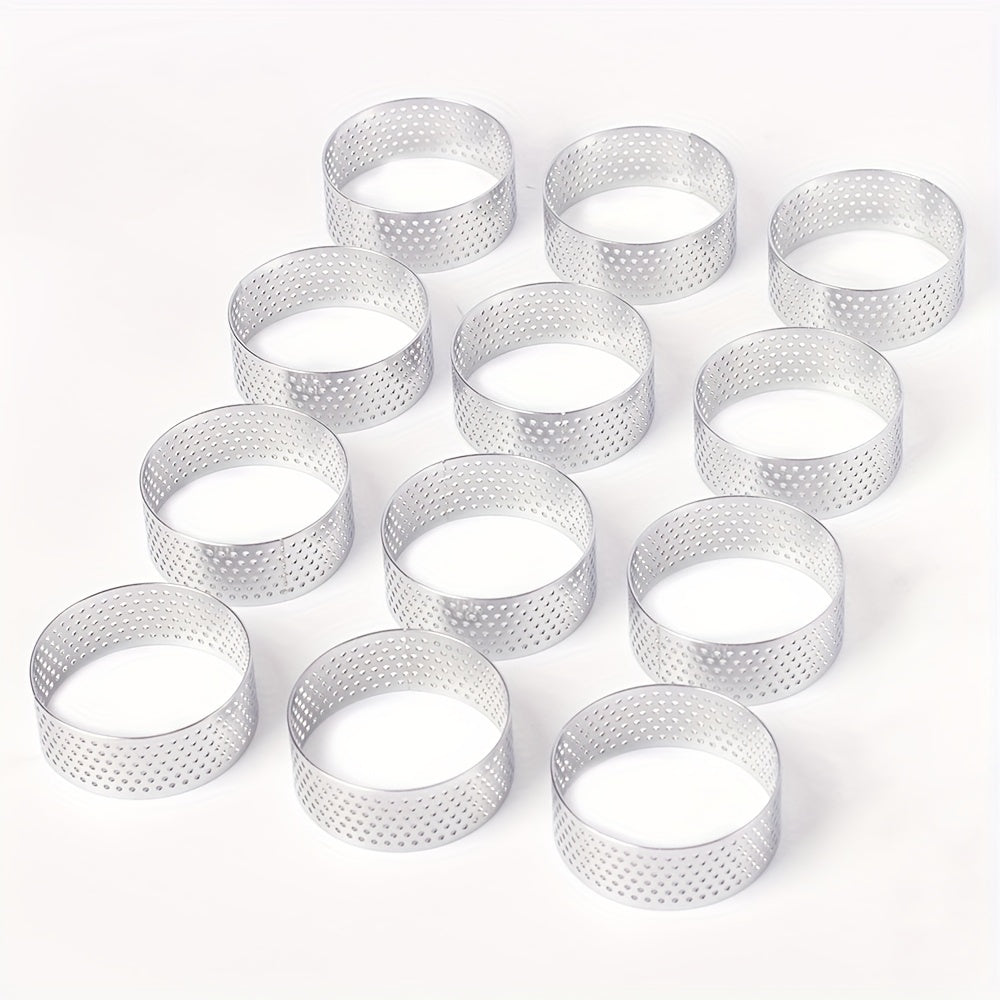 Set of 2, 4, 6, or 12 Stainless Steel Round Tart Rings with Perforated Design for Baking Cheesecake, Cookies, and Pastries during the Christmas Holiday Season