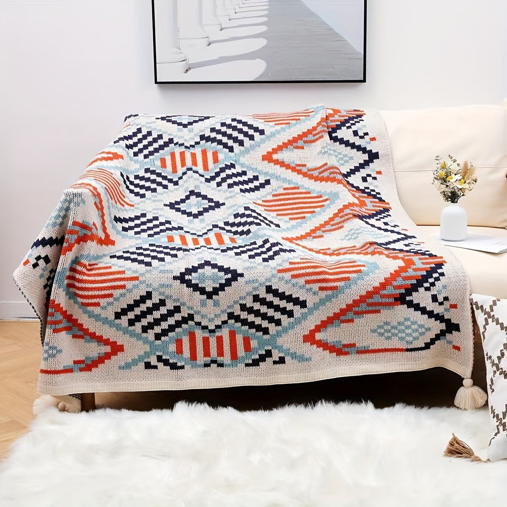 Bohemian Blanket with Geometric Pattern and Tassel - Ideal for Nap Time, as a Sofa Throw, or to keep you cozy while using the Air Conditioning