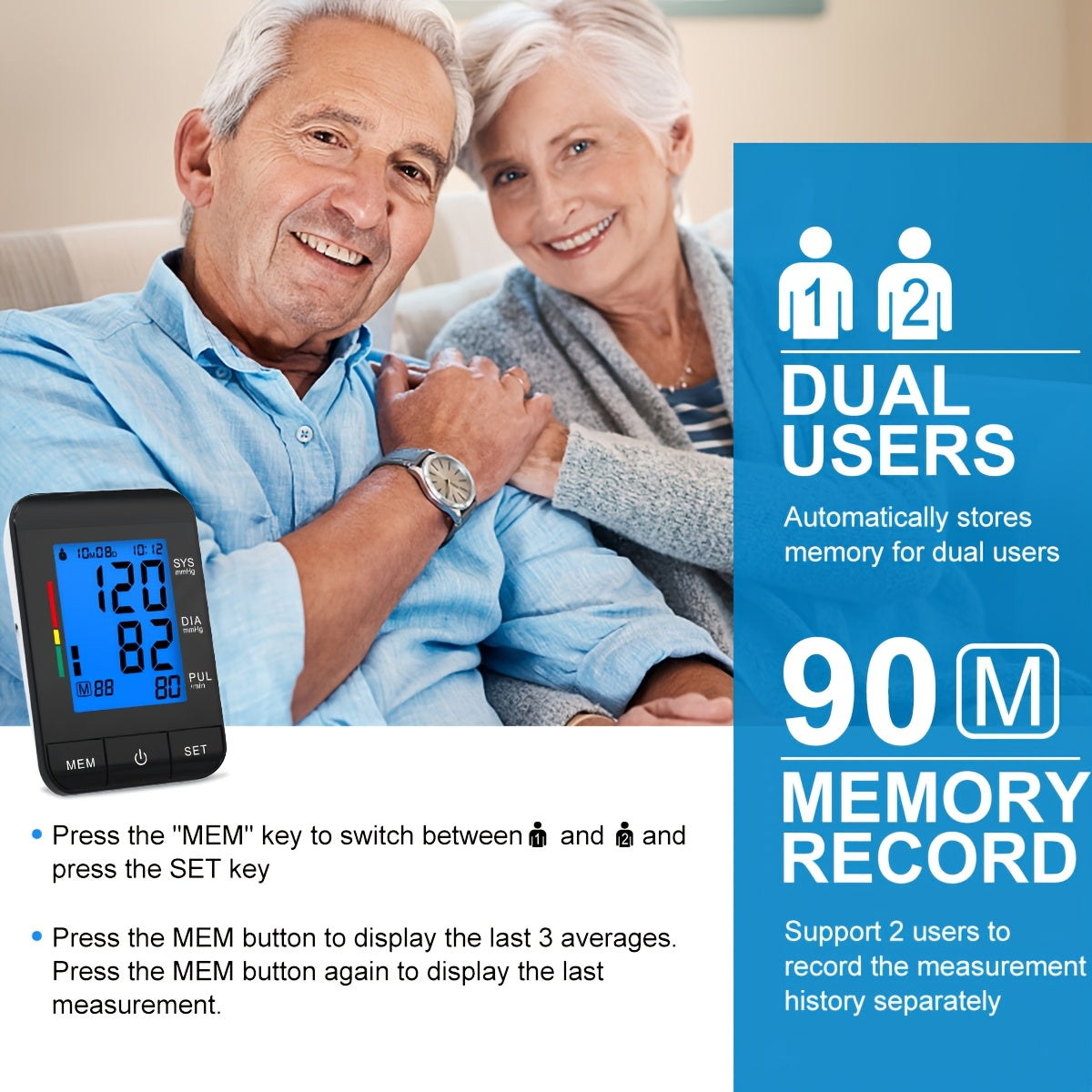 Home Blood Pressure Monitor with Oversized Dual Cuff, Large LCD Display, Fully Automated Digital Sphygmomanometer including USB Cable