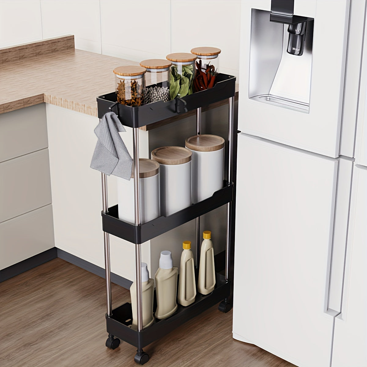 1 slim rolling utility cart with multiple layers, wheels, and bathroom accessories storage.