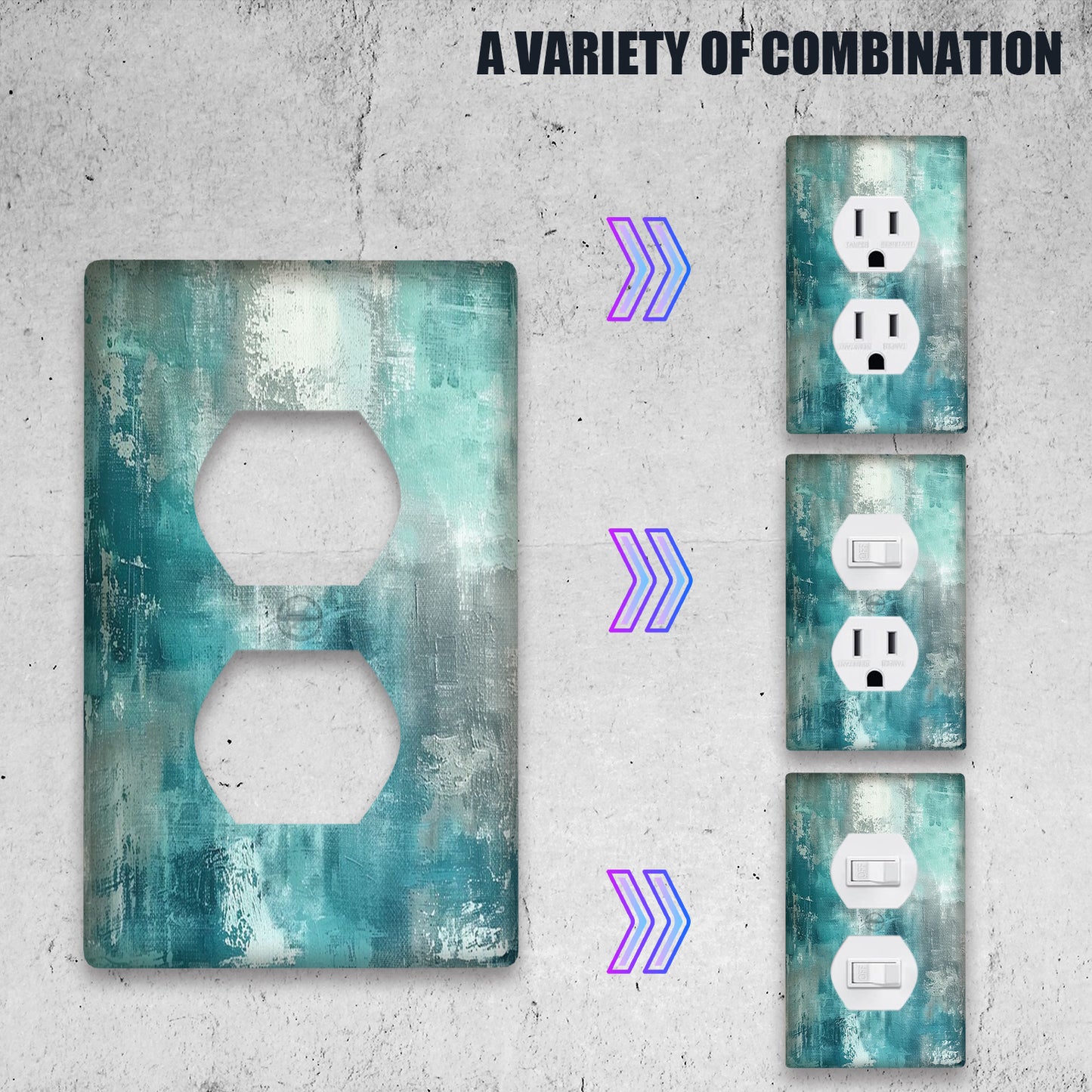 Modern abstract turquoise & grey light switch cover made of unbreakable polycarbonate. Decorative single toggle wallplate for easy installation in bedroom, kitchen, or bathroom with no wiring required.