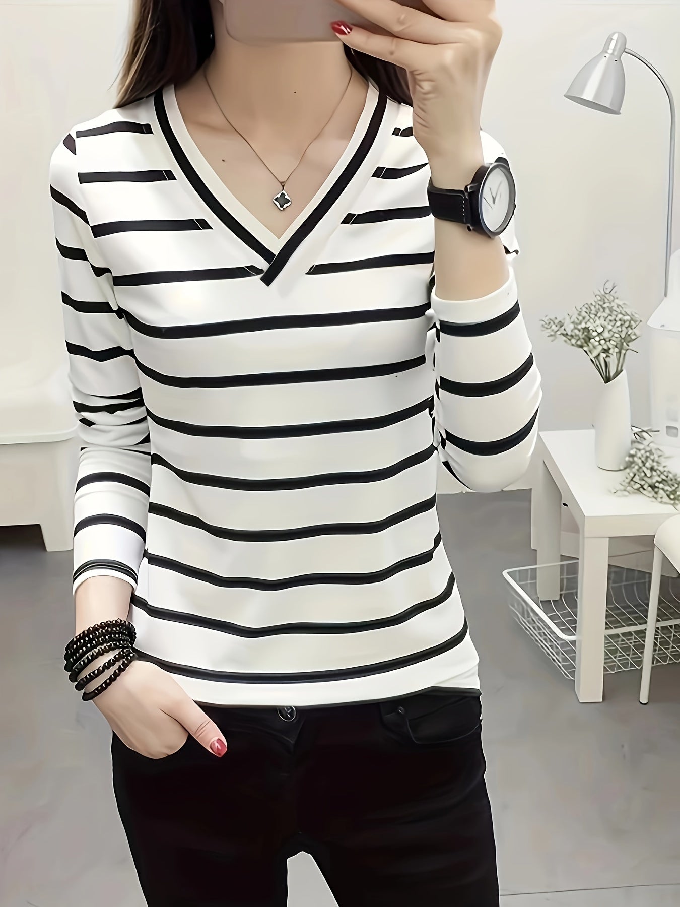 Striped V Neck Long Sleeve T-Shirt for Women, Ideal for Spring and Fall