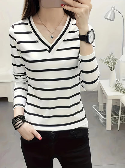 Striped V Neck Long Sleeve T-Shirt for Women, Ideal for Spring and Fall