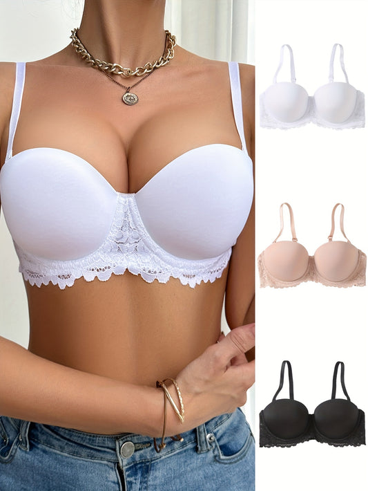 3 Contrast Lace Balconette Bras: Comfortable, Breathable Push-Up Lingerie for Women