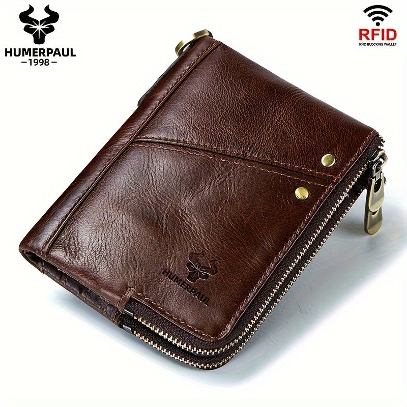 Large capacity multi-function clutch wallet made of genuine leather with zipper pocket and snap closure, suitable for casual style. Dry clean only, no printing, and edge painted.