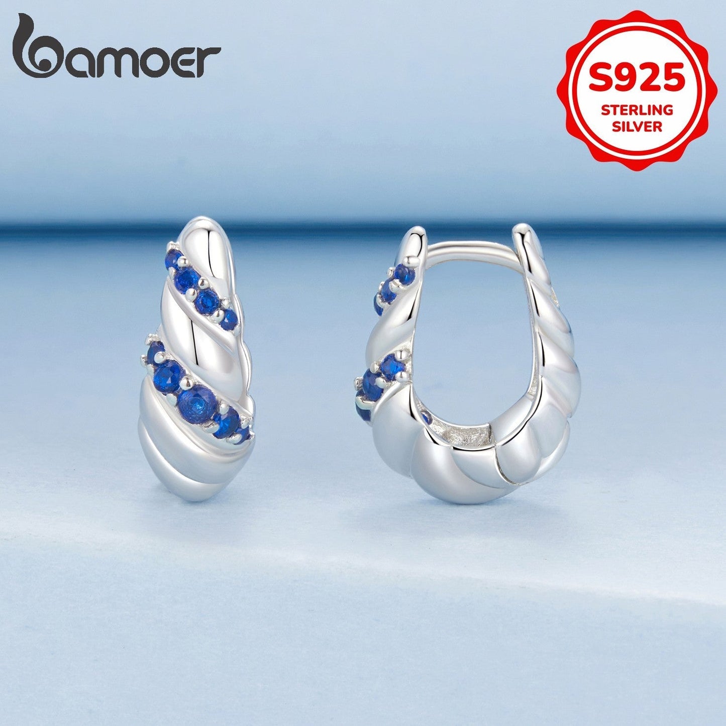 925 Sterling Silver Hoop Earrings - Blue Twisted Design with Synthetic Zirconia, Ideal for Music Festival, Party, or Everyday Wear - Luxury Pair for Allergy-Free Sparkle