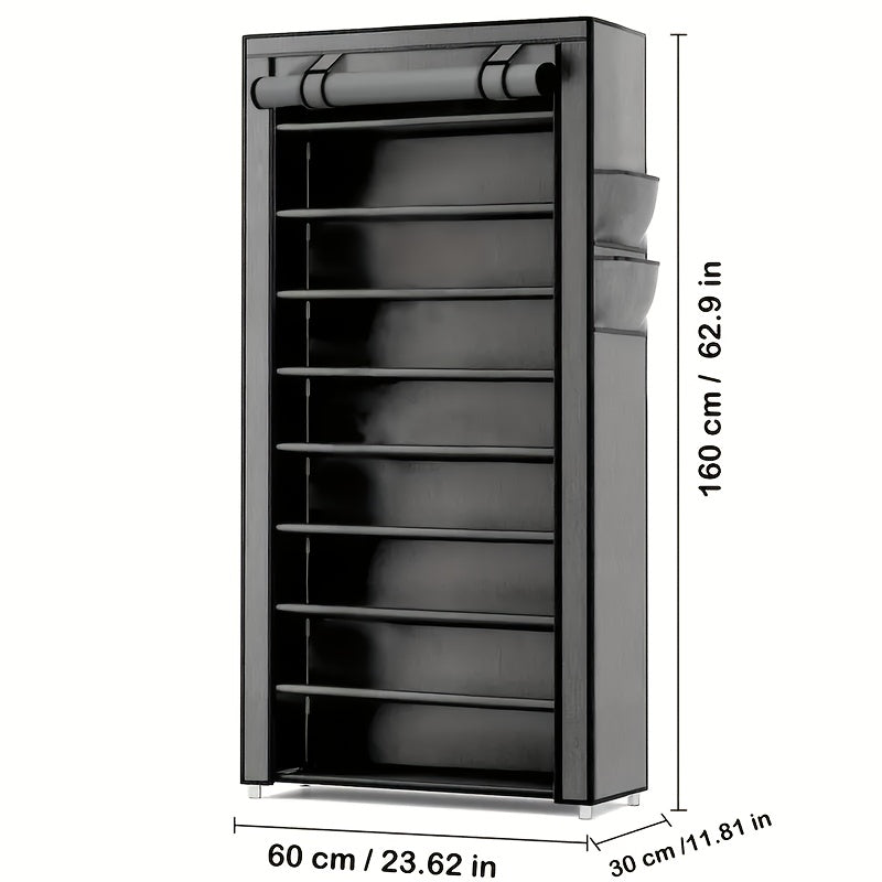 Compact plastic shoe cabinet with dust cover, non-woven shoe rack, easy assembly, portable, ideal for home, dorm, or entryway storage.